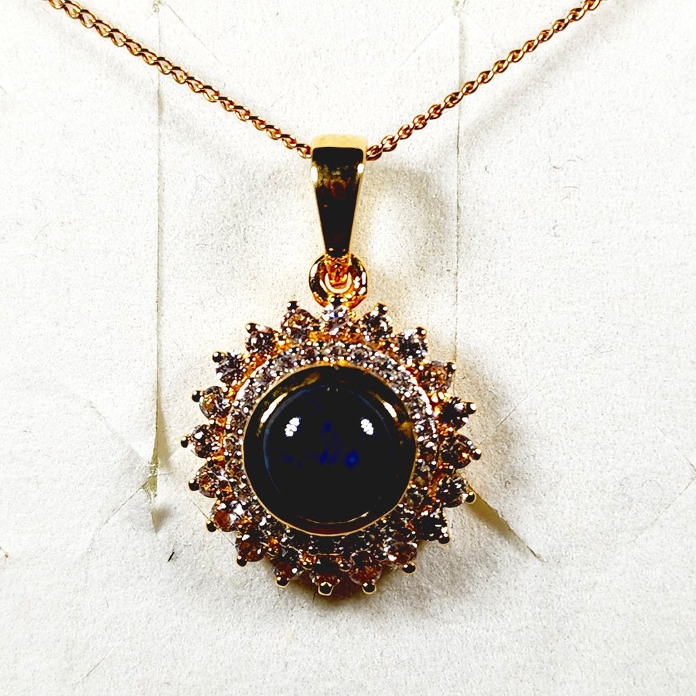 Thai Blue Star Sapphire, White & Champagne Zircon necklace in 14K YG/925 3ct 20"